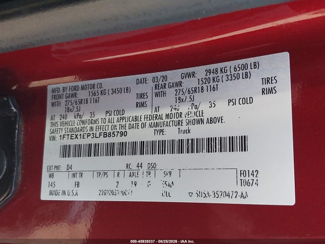 Продаж на аукціоні авто 2020 Ford F-150 Xlt, vin: 1FTEX1EP3LFB85790, номер лоту: 45939337