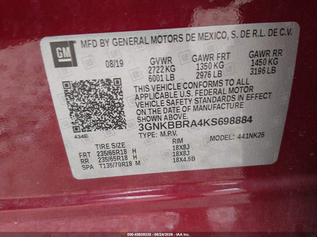Продажа на аукционе авто 2019 Chevrolet Blazer, vin: 3GNKBBRA4KS698884, номер лота: 45939338