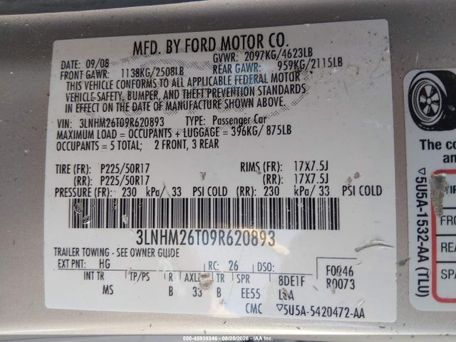 2009 Lincoln Mkz მანქანა იყიდება აუქციონზე, vin: 3LNHM26T09R620893, აუქციონის ნომერი: 45939346