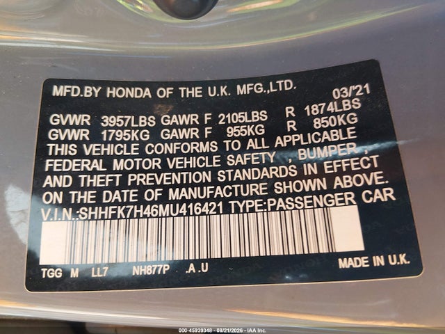 45939348 :رقم المزاد ، SHHFK7H46MU416421 vin ، 2021 Honda Civic Sport مزاد بيع