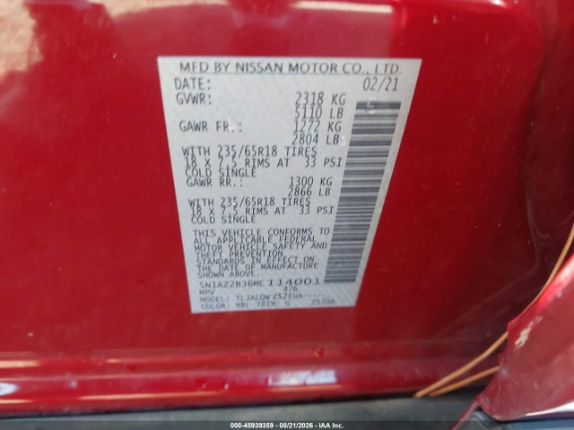 Aukcja sprzedaży 2021 Nissan Murano Sv Fwd, vin: 5N1AZ2BJ6MC114001, numer aukcji: 45939359