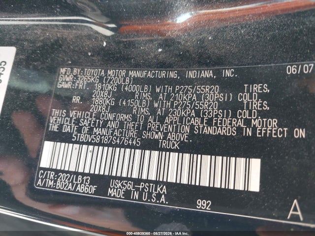 45939360 :رقم المزاد ، 5TBDV58187S476445 vin ، 2007 Toyota Tundra Limited 5.7l V8 مزاد بيع