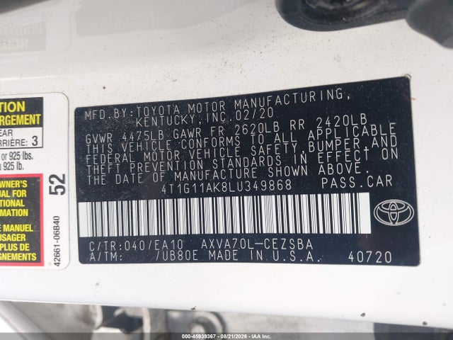 2020 Toyota Camry Se მანქანა იყიდება აუქციონზე, vin: 4T1G11AK8LU349868, აუქციონის ნომერი: 45939367
