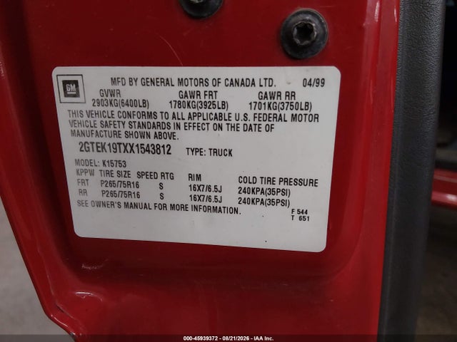 Продажа на аукционе авто 1999 Gmc New Sierra 1500 Sle, vin: 2GTEK19TXX1543812, номер лота: 45939372