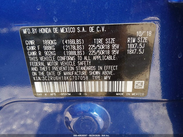 Aukcja sprzedaży 2019 Honda Hr-v Sport, vin: 3CZRU6H18KG707058, numer aukcji: 45939387