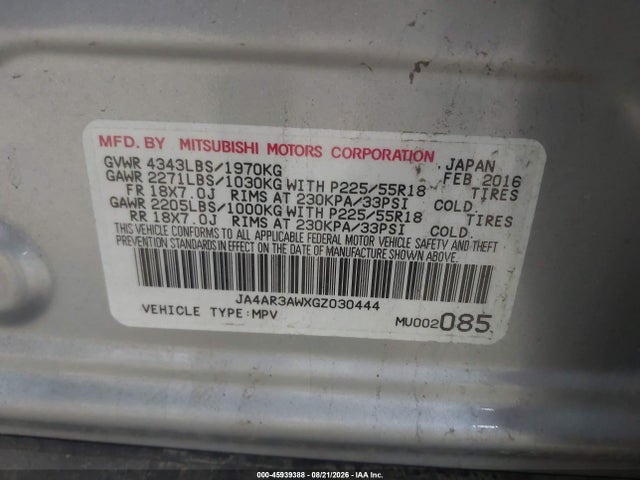 45939388 :رقم المزاد ، JA4AR3AWXGZ030444 vin ، 2016 Mitsubishi Outlander Sport 2.4 Es مزاد بيع