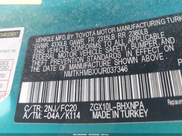45939406 :رقم المزاد ، NMTKHMBXXJR037346 vin ، 2018 Toyota C-hr Xle Premium مزاد بيع