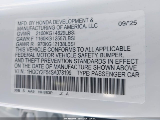 Продаж на аукціоні авто 2025 Honda Accord Hybrid Sport, vin: 1HGCY2F54SA078199, номер лоту: 45939416