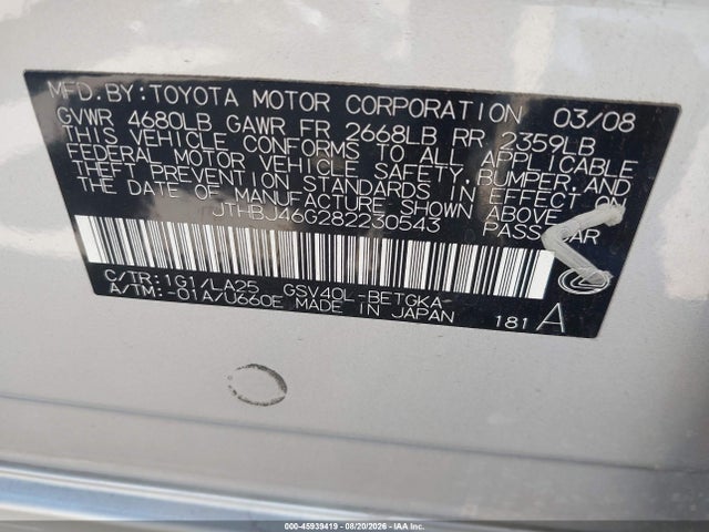 Aukcja sprzedaży 2008 Lexus Es 350, vin: JTHBJ46G282230543, numer aukcji: 45939419