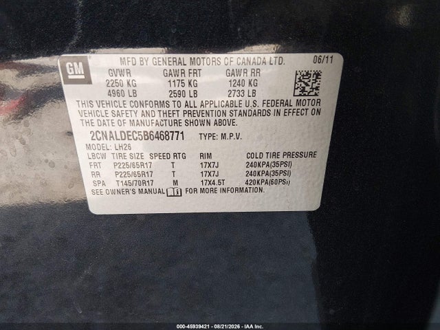 Продаж на аукціоні авто 2011 Chevrolet Equinox Lt W/1lt, vin: 2CNALDEC5B6468771, номер лоту: 45939421