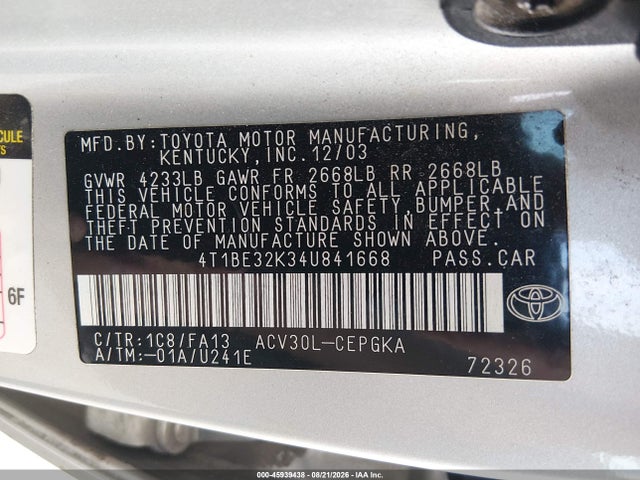 Продажа на аукционе авто 2004 Toyota Camry Xle, vin: 4T1BE32K34U841668, номер лота: 45939438