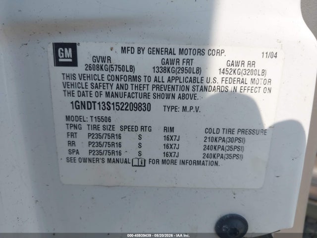 Продажа на аукционе авто 2005 Chevrolet Trailblazer Ls, vin: 1GNDT13S152209830, номер лота: 45939439