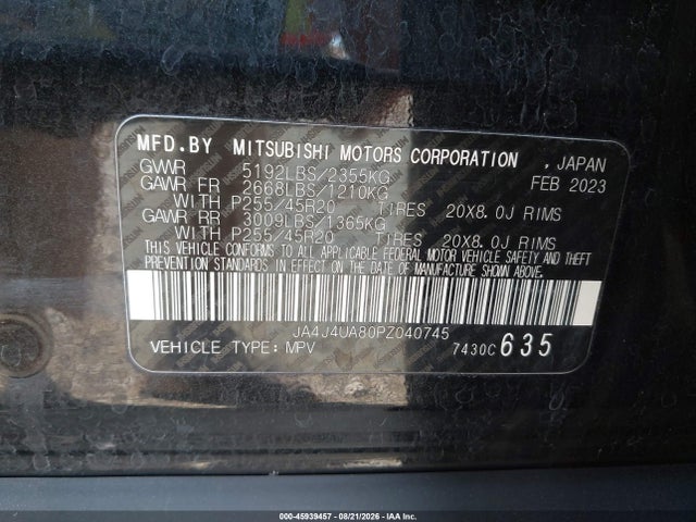 45939457 :رقم المزاد ، JA4J4UA80PZ040745 vin ، 2023 Mitsubishi Outlander Ralliart S-awc/se 2.5 S-awc/se Black Edition S-awc/se Special Editiont S-awc مزاد بيع