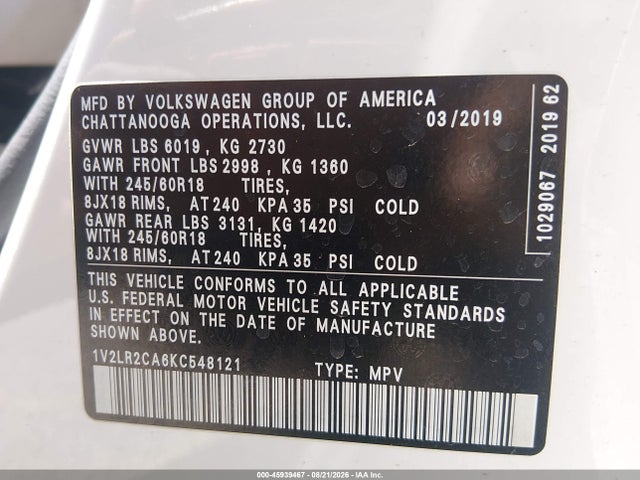 45939467 :رقم المزاد ، 1V2LR2CA6KC548121 vin ، 2019 Volkswagen Atlas 3.6l V6 Se مزاد بيع
