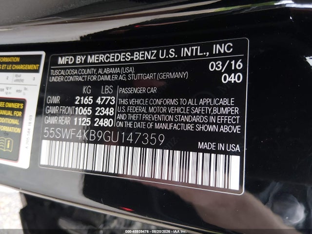 45939476 :رقم المزاد ، 55SWF4KB9GU147359 vin ، 2016 Mercedes-benz C 300 Luxury 4matic مزاد بيع