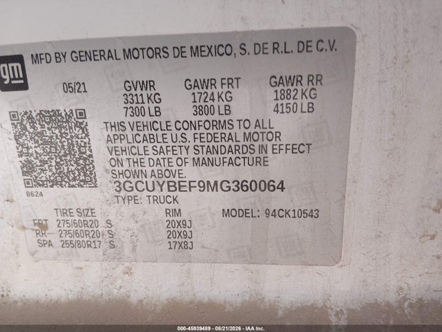 45939489 :رقم المزاد ، 3GCUYBEF9MG360064 vin ، 2021 Chevrolet Silverado 1500 4wd  Short Bed Custom مزاد بيع