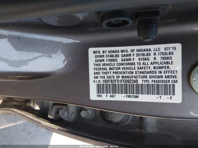 Aukcja sprzedaży 2015 Honda Civic Lx, vin: 19XFB2F51FE092349, numer aukcji: 45939491