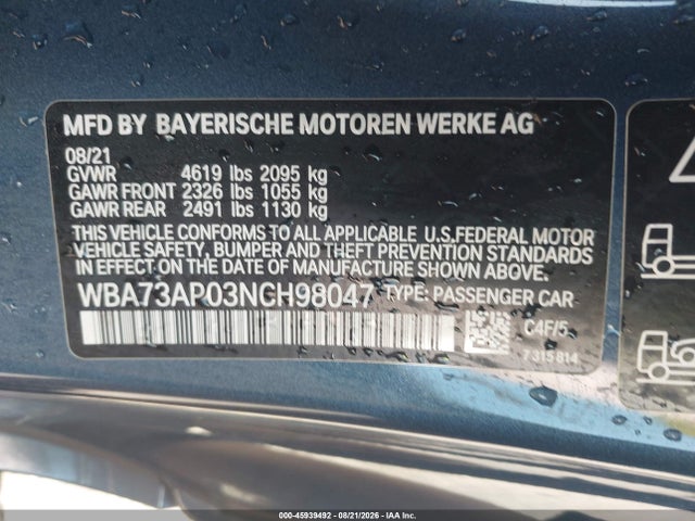 45939492 :رقم المزاد ، WBA73AP03NCH98047 vin ، 2022 Bmw 430i Xdrive مزاد بيع