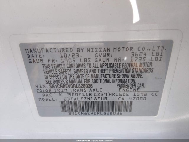 Aukcja sprzedaży 2024 Nissan Versa 1.6 Sv, vin: 3N1CN8EV0RL828036, numer aukcji: 45939494