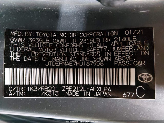 Продажа на аукционе авто 2021 Toyota Corolla Le, vin: JTDEPMAE7MJ167958, номер лота: 45939495