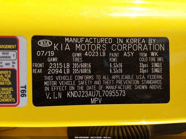 2020 Kia Soul Lx მანქანა იყიდება აუქციონზე, vin: KNDJ23AU7L7095573, აუქციონის ნომერი: 45939496