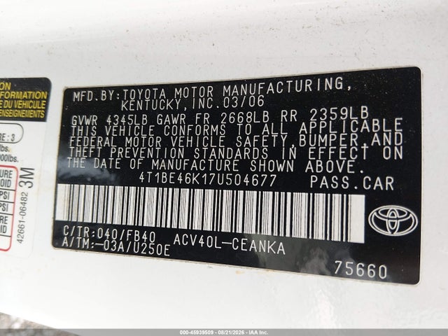 2007 Toyota Camry Le მანქანა იყიდება აუქციონზე, vin: 4T1BE46K17U504677, აუქციონის ნომერი: 45939509