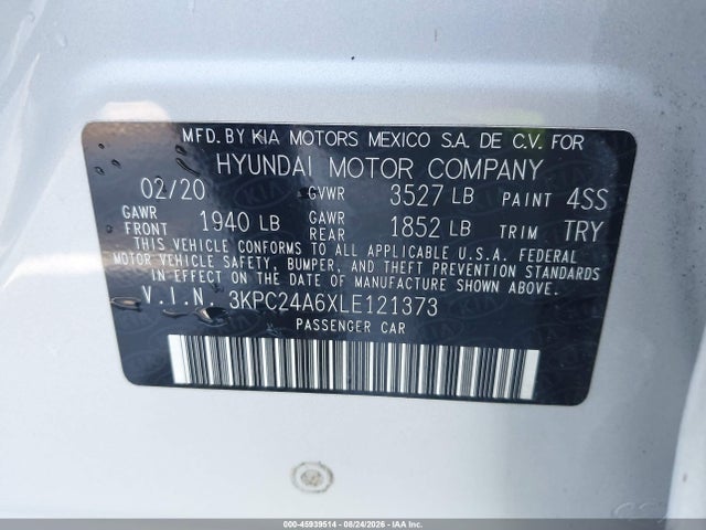 Aukcja sprzedaży 2020 Hyundai Accent Se, vin: 3KPC24A6XLE121373, numer aukcji: 45939514