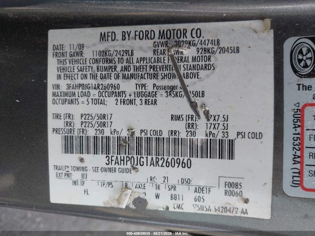 Продажа на аукционе авто 2010 Ford Fusion Sel, vin: 3FAHP0JG1AR260960, номер лота: 45939535