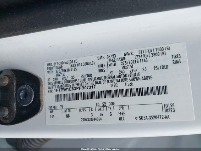 2023 Ford F-150 Tremor მანქანა იყიდება აუქციონზე, vin: 1FTEW1E83PFB07317, აუქციონის ნომერი: 45939558