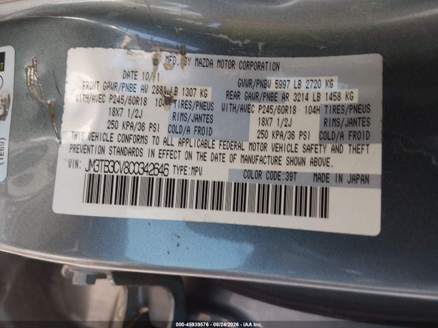 Продажа на аукционе авто 2012 Mazda Cx-9 Touring, vin: JM3TB3CV8C0342646, номер лота: 45939576