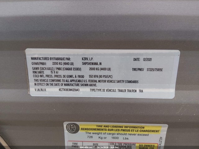 Продаж на аукціоні авто 2022 K-z Inc Travel Trailer, vin: 4EZTK1813N4120643, номер лоту: 45939577