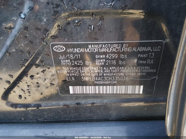 Aukcja sprzedaży 2012 Hyundai Sonata Gls, vin: 5NPEB4AC3CH335034, numer aukcji: 45939581
