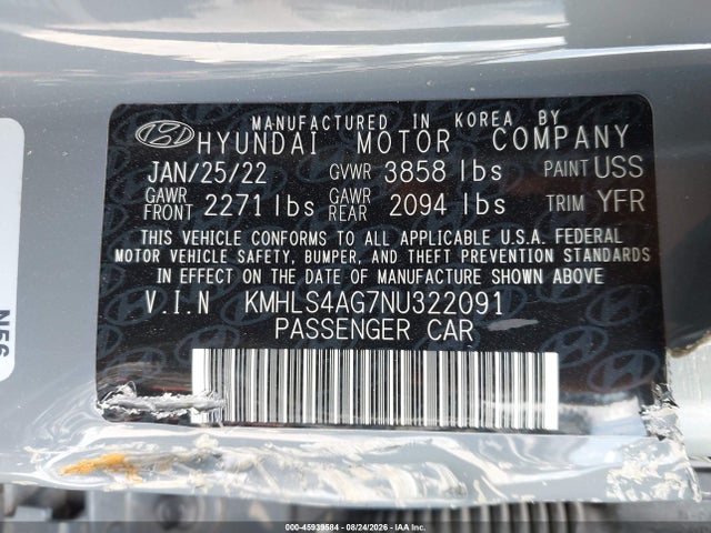 Продажа на аукционе авто 2022 Hyundai Elantra Sel, vin: KMHLS4AG7NU322091, номер лота: 45939584