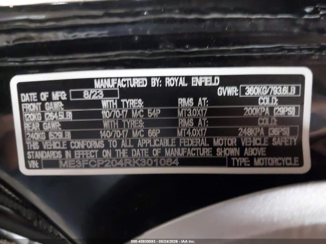 2024 Royal Enfield Motors Hunter 350 მანქანა იყიდება აუქციონზე, vin: ME3FCP204RK301064, აუქციონის ნომერი: 45939593