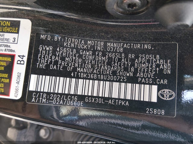 Продаж на аукціоні авто 2008 Toyota Avalon Limited, vin: 4T1BK36B18U300725, номер лоту: 45939599