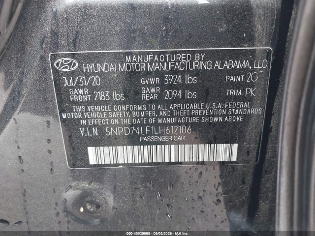 Продаж на аукціоні авто 2020 Hyundai Elantra Se, vin: 5NPD74LF1LH612106, номер лоту: 45939605