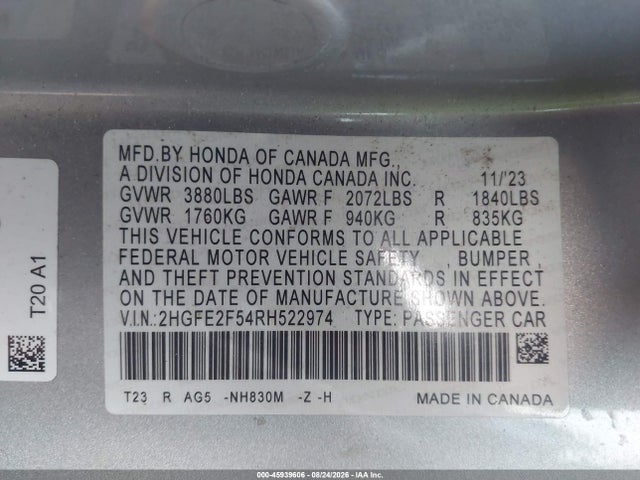 Продажа на аукционе авто 2024 Honda Civic Sport, vin: 2HGFE2F54RH522974, номер лота: 45939606