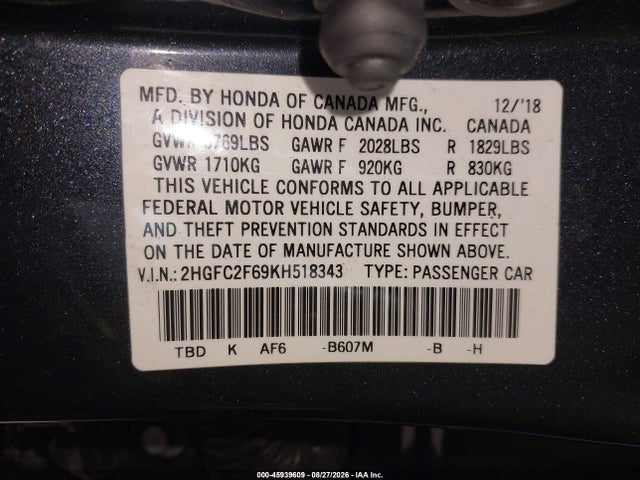 2019 Honda Civic Lx მანქანა იყიდება აუქციონზე, vin: 2HGFC2F69KH518343, აუქციონის ნომერი: 45939609