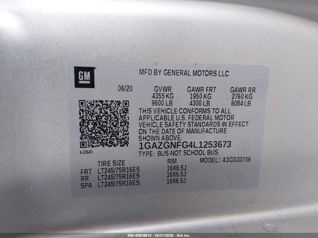 Aukcja sprzedaży 2020 Chevrolet Express Passenger Rwd 3500 Extended Wheelbase Ls, vin: 1GAZGNFG4L1253673, numer aukcji: 45939615
