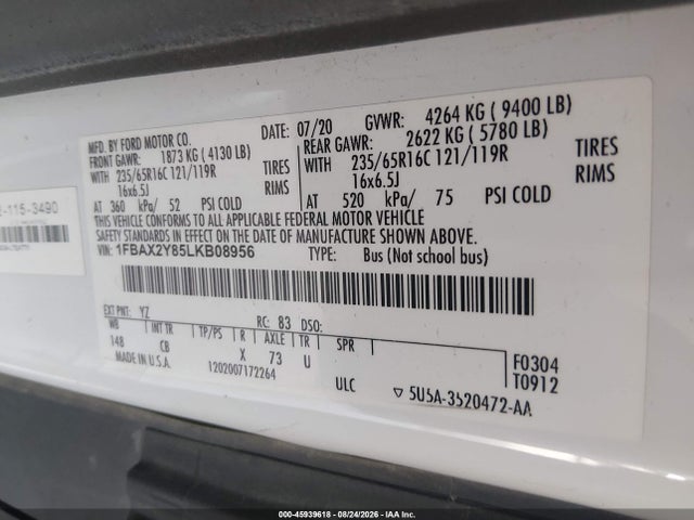 Продажа на аукционе авто 2020 Ford Transit-350 Passenger Van Xl, vin: 1FBAX2Y85LKB08956, номер лота: 45939618