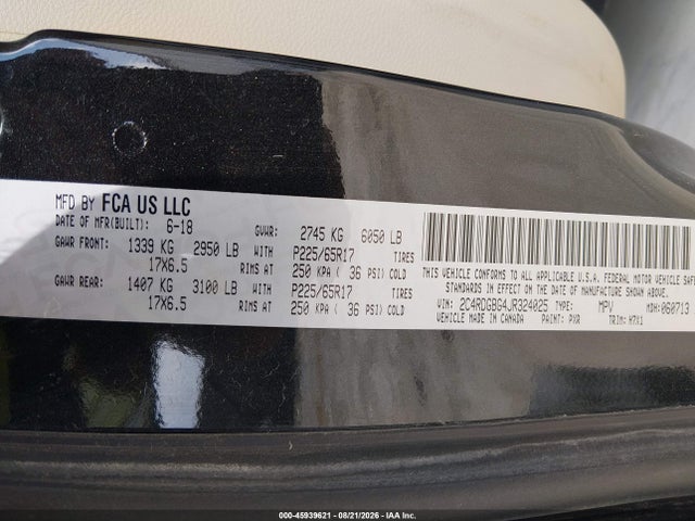 Aukcja sprzedaży 2018 Dodge Grand Caravan Se, vin: 2C4RDGBG4JR324025, numer aukcji: 45939621