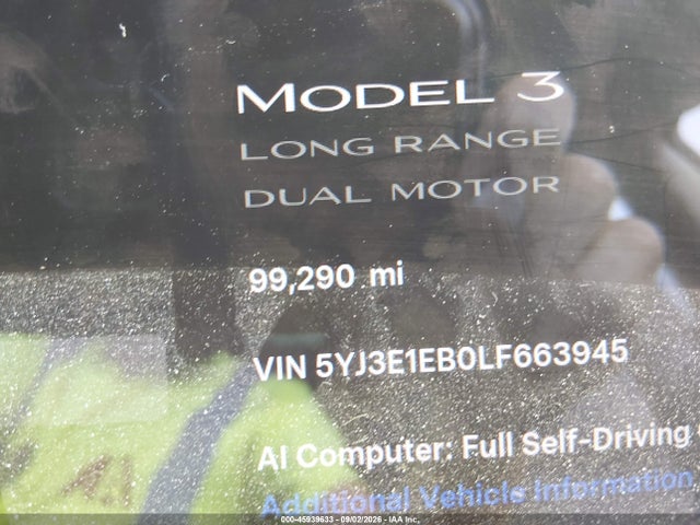 5YJ3E1EB0LF663945 Tesla Model 3 Long Range Dual Motor All-wheel Drive