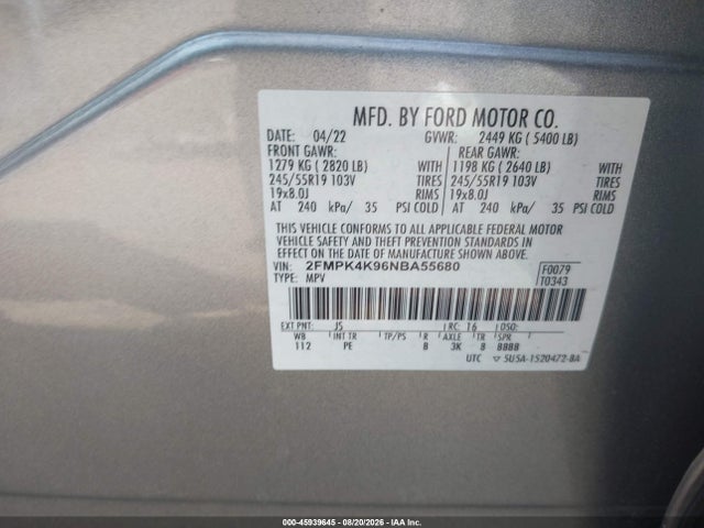 Продажа на аукционе авто 2022 Ford Edge Titanium, vin: 2FMPK4K96NBA55680, номер лота: 45939645