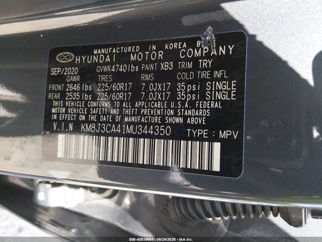Продаж на аукціоні авто 2021 Hyundai Tucson Value, vin: KM8J3CA41MU344350, номер лоту: 45939661