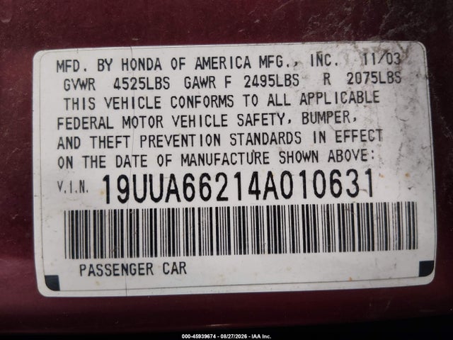 Aukcja sprzedaży 2004 Acura Tl, vin: 19UUA66214A010631, numer aukcji: 45939674