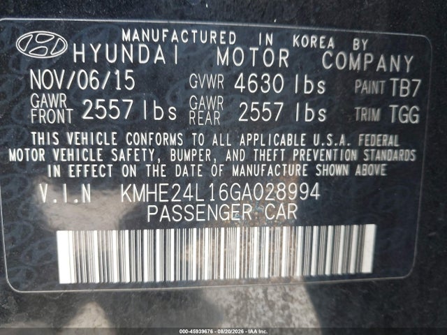 Продажа на аукционе авто 2016 Hyundai Sonata Hybrid Se, vin: KMHE24L16GA028994, номер лота: 45939676