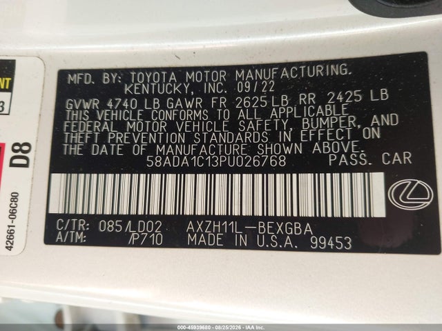 45939680 :رقم المزاد ، 58ADA1C13PU026768 vin ، 2023 Lexus Es 300h مزاد بيع