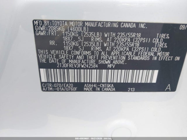 Aukcja sprzedaży 2015 Toyota Rav4 Limited, vin: 2T3DFREV3FW242584, numer aukcji: 45939681