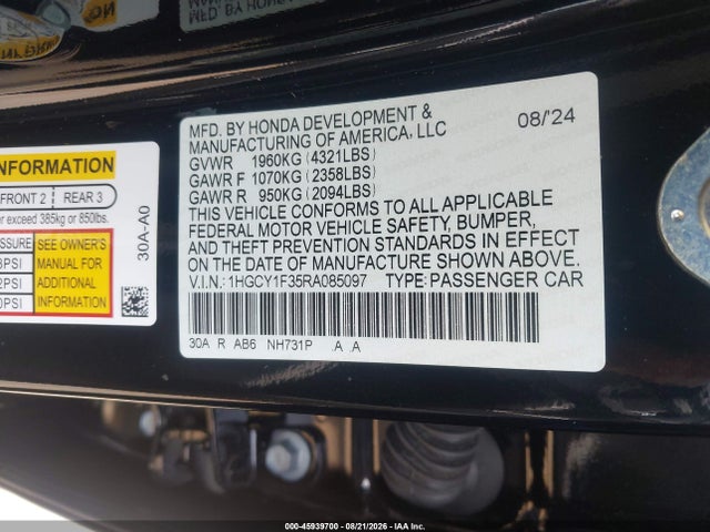 Aukcja sprzedaży 2024 Honda Accord Ex, vin: 1HGCY1F35RA085097, numer aukcji: 45939700