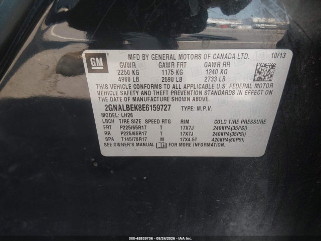 2014 Chevrolet Equinox Lt მანქანა იყიდება აუქციონზე, vin: 2GNALBEK8E6159727, აუქციონის ნომერი: 45939706
